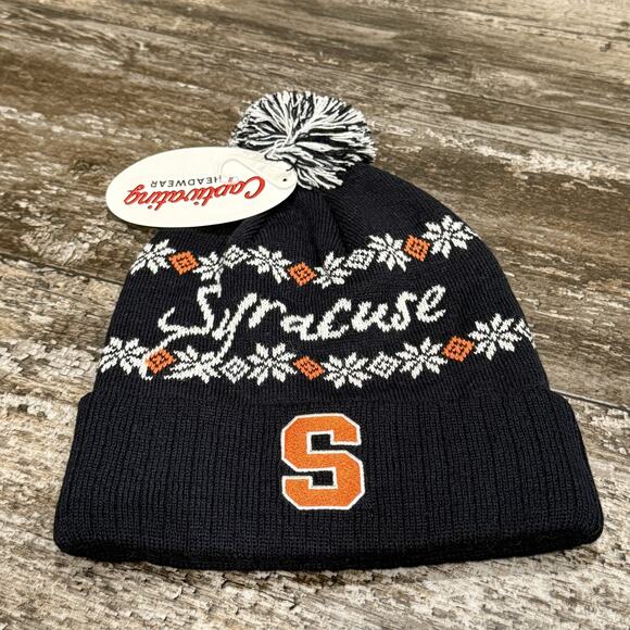 Syracuse Orange "S" Snowflake‎ Knit Pom Pom Beanie Hat Navy Fair Isle Cozy NEW - Picture 2 of 9